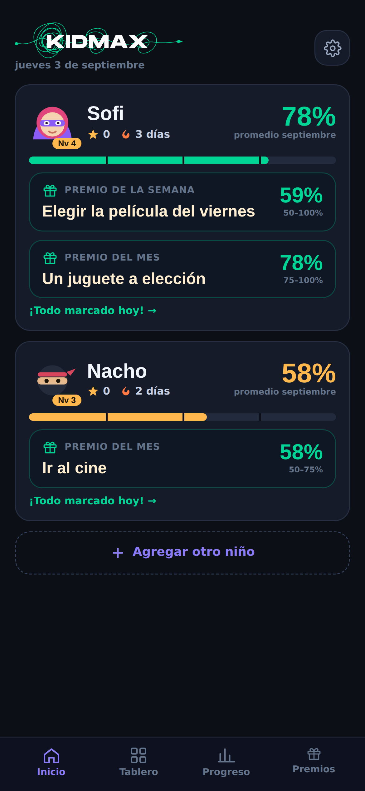 Pantalla de inicio de KidMax con el tablero de dos niños, su porcentaje del mes y los premios en juego